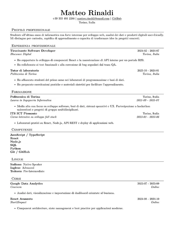 Anteprima CV per sviluppatore software